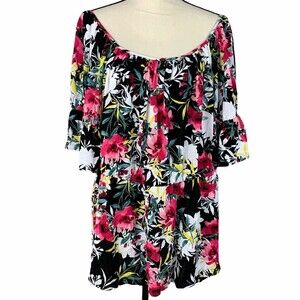 Lane Bryant Rayon Flowered Top Women Plus Sz 18 Multicolor Short Bell Sleeve